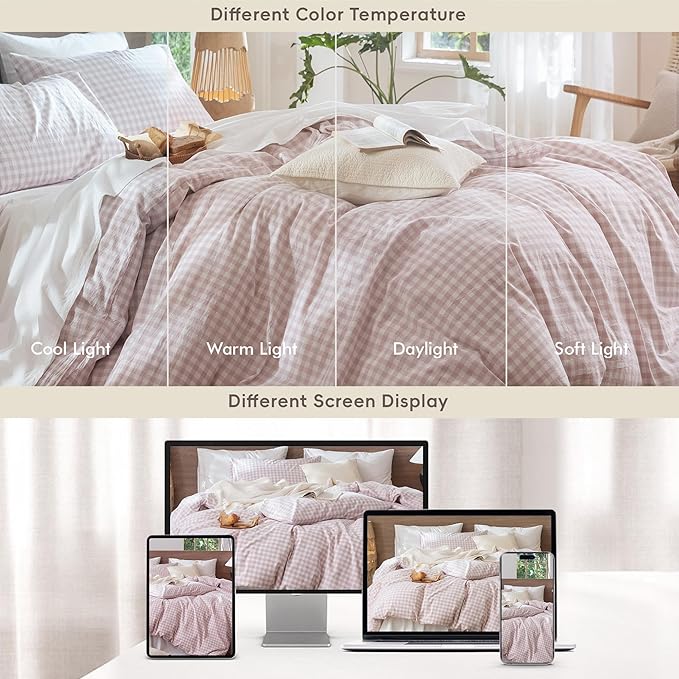 MooMee Gingham Duvet Cover Set 100% Washed Cotton Linen Like Textured Breathable Durable Soft Comfy Modern Checkered Design (Classic Gingham Greyish Pink, Queen 90"x90")