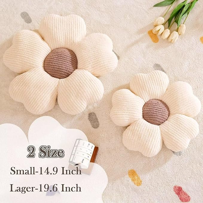 Kcvvcr Flower Throw Pillow, Cute Flower Shaped Pillow Decorative Throw Pillow for Bed Couch, Soft Daisy Pillows Floor Seating Cushion Cushions (14.9 Inch Ivory+Brown)