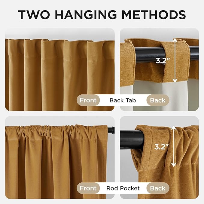 Joydeco Mustard Yellow 100% Blackout Curtains 72 Inch 2 Panels, Luxury Thermal Yellow Velvet Curtains for Bedroom Living Room, Soundproof Blackout Window Drapes, Rod Pocket & Back Tab (52W x 72L)
