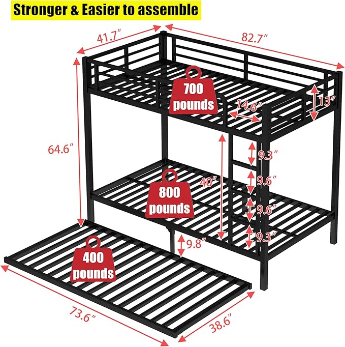 Higher Quality & Stronger Metal Bunk Bed Twin XL Over Twin XL Size Bunkbed Frame, Thickened Heavy Duty More Stable Steel Bunk Bed with Twin Size Trundle