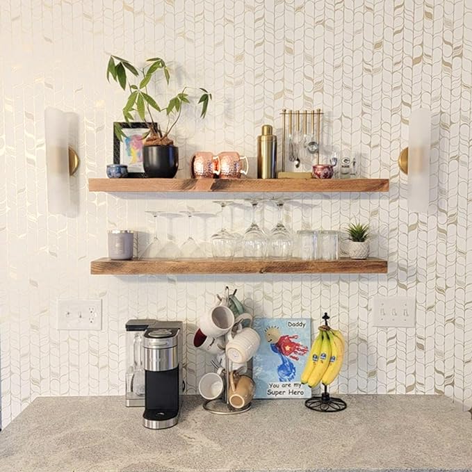 URBANDI, Rustic Floating Shelves, Set of 2, Hidden Bracket, Solid Wood, Heavy Duty, Wall Mounted Shelves, (Brown, 24Wx10D)