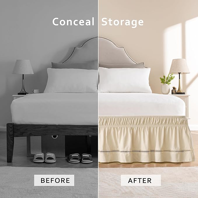 MIYE Wrap Around Ruffled Lace Bed Skirt, Elastic Dust Ruffle with Adjustable Belts, Easy to Put On, Bed Frame Cover, Machine Washable (Ruffled Lace/Light Beige, King/Queen-12.5" Drop)