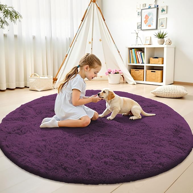OLANLY Dark Purple Round Rugs for Bedroom - Machine Washable, 8 ft Circle Area Rugs for Living Room, Soft and Fluffy Shaggy Carpet for Teen Girl and Boys, Nursery Rooms, Dorms, Home Decor Aesthetic