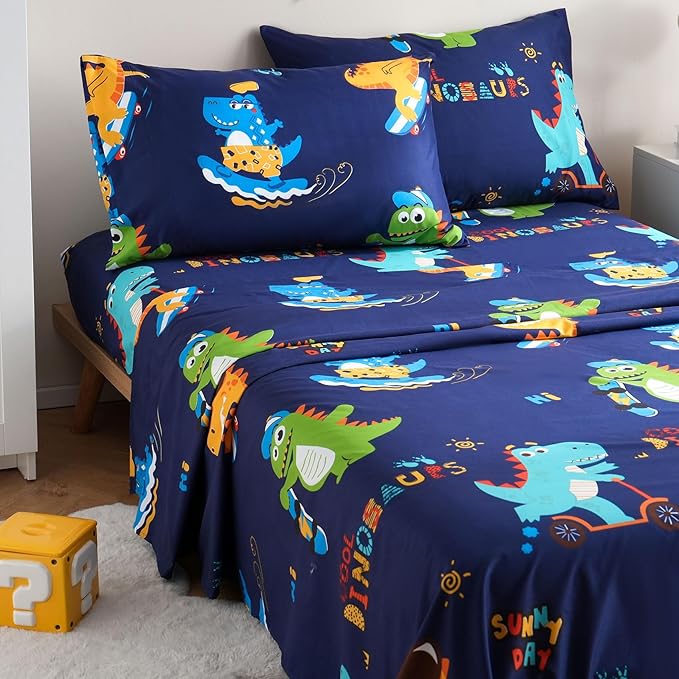 JSD Blue Dinosaur Kids Sheet Set Full Size, 4 Piece Sports Printed Microfiber Sheets Deep Pocket