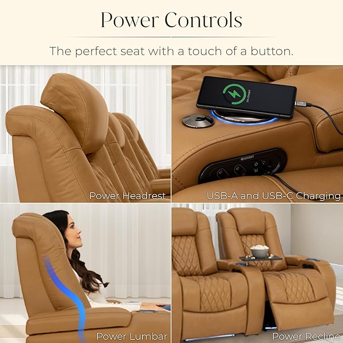 Seatcraft Diamante Zero-Gravity CoolZero Italian Leather Home Theater Seating, Power Headrest, Power Recline, Row of 3, Tan Oak