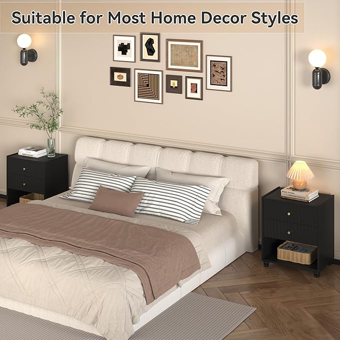 Modern Nightstand, Fluted End Table with 2 Drawers, Nightstand with Open Shelf for Bedroom (1, Black)