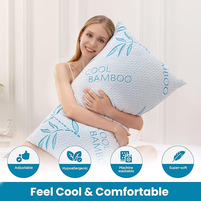 2 Pack Standard Size Rayon Derived from Bamboo Pillow for Sleeping, Cooling Shredded Memory Foam Adjustable Bed Pillow with Hypoallergenic, Removable/Washable Cover
