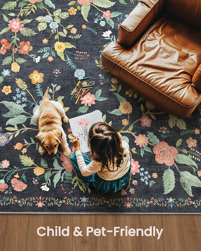 Amada 6x9 Area Rugs, Non-Slip & Low-Profile Living Room Rug with Reinforced Edge Binding, Soft Large Washable Boho Floral Rugs for Living Room, Bedroom, Dining Room