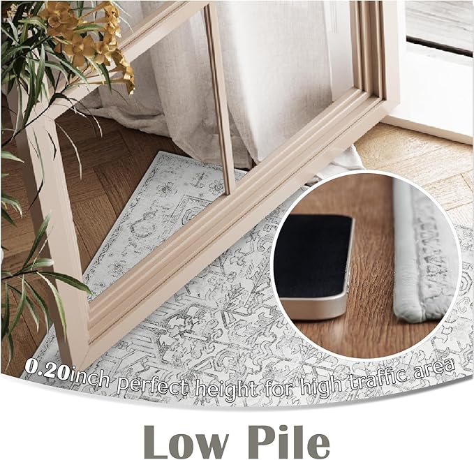 jinchan Lima 2x3 Washable Rug for Entryway - Vintage Floral Ultra-Thin Low Pile Soft Small Non Slip Distressed Indoor Door mat Accent Area Rug for Entrance Kitchen Bathroom Bedroom (2x3ft, Grey)