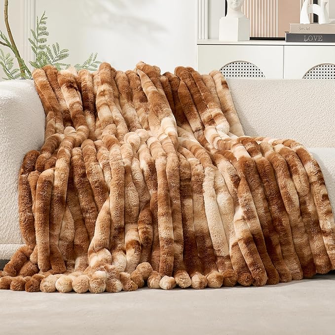 Cozy Bliss Faux Fur Throw Blanket for Couch, Cozy Warm Plush Striped Blanket for Sofa Bedroom Living Room, 50 * 60 Inches Tie-dye Brown