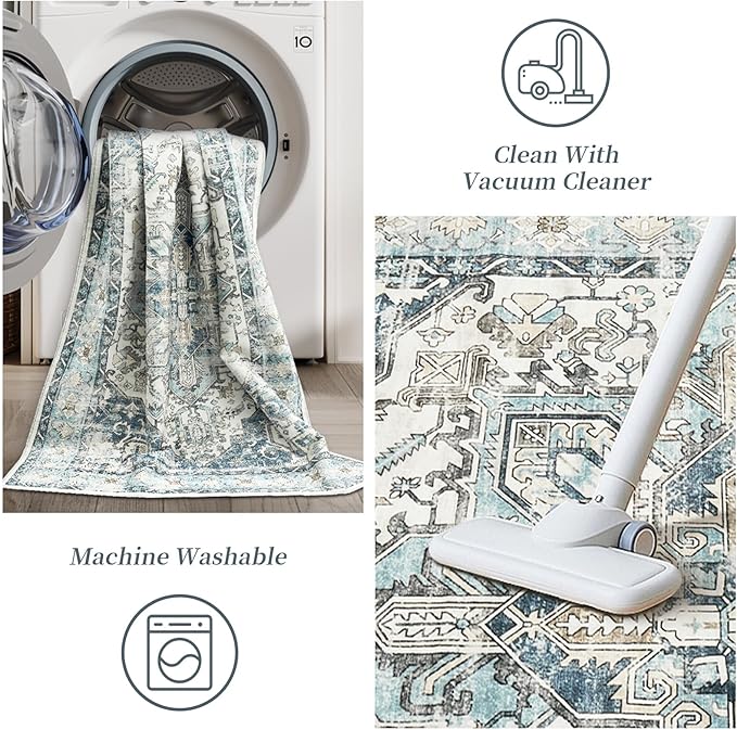 zesthome 8x10 Area Rugs-Washable Rug for Living Room, Non-Slip Backing Rugs, Stain Resistant 8x10 Rug for Bedroom, Ultra-Thin Low Pile Rugs, Vintage Large Home Decor