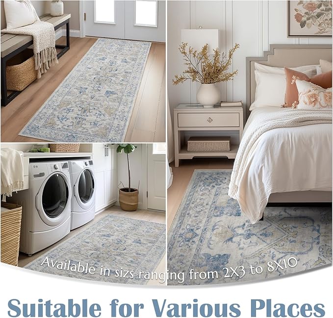jinchan 8x10 Area Rugs for Living Room Washable Soft Throw Rug Ultra-Thin Stain Resistant Non-Slip Distressed Vintage Floral Large Carpet for Bedroom,Dining Room,Home Office,Nursery (8x10ft,Blue)