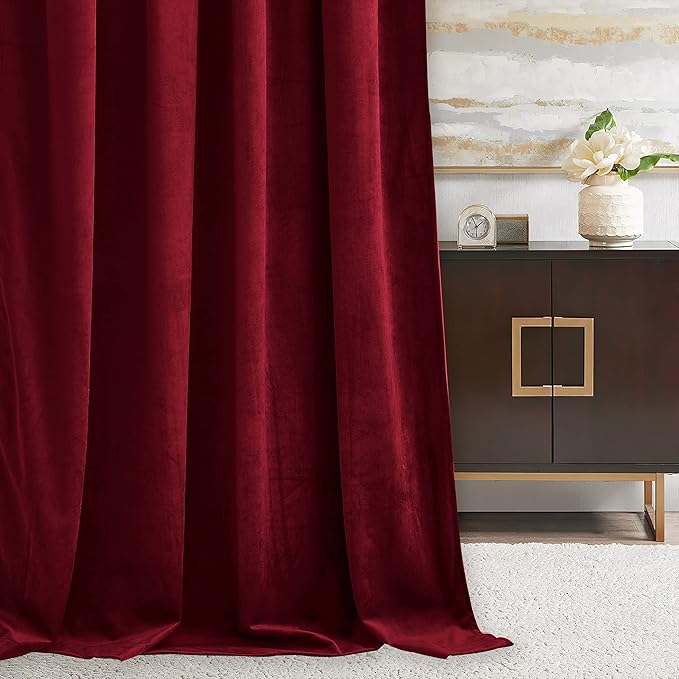 RYB HOME Red Velvet Curtains for Bedroom 90 inches - Light & Heat Block Back Tabs Window Treatment Energy Efficient Privacy Protection Drapes for Farmhouse, Living Room, Ruby Red, W52 x L90, 2 Panels