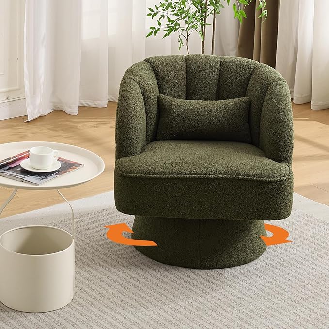 GarveeHome Modern Swivel Barrel Accent Chair, 360° Teddy Fabric Upholstered Armchair with Striped Backrest & Plush Padding, Comfy Round Lounge Chair for Living Room, Bedroom, Reading Nook, Green