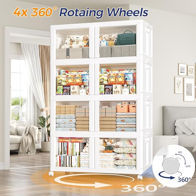 90GAL Large Stackable Storage Bins with Lid and Wheels, 360Qt Collapsible Organizer Cabinet with Clear Door, for Closet, Bedroom, Kitchen, Garage, 3-Pack White