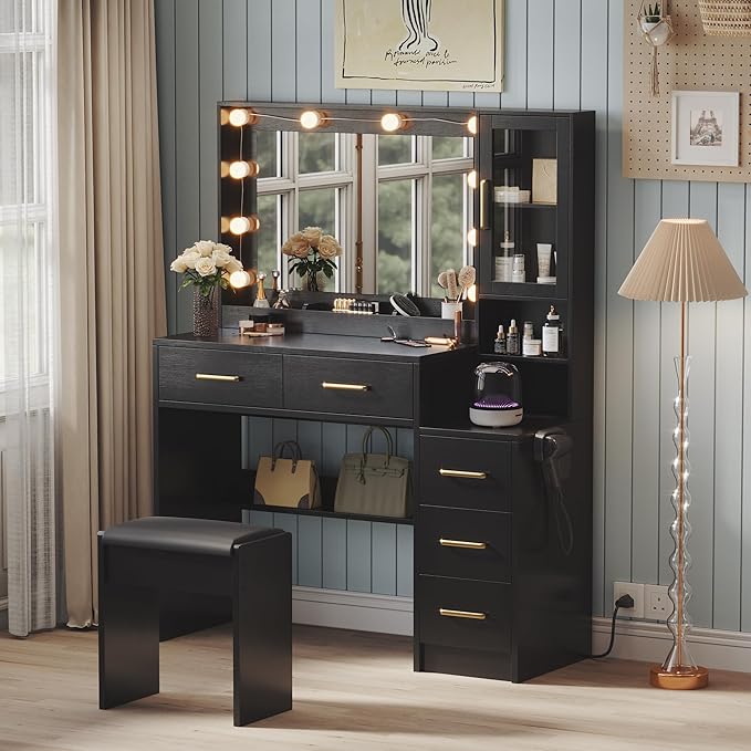 Makeup Vanity with Lights & Charging Station, Black Vanity Table with 5 Drawers & Open Storage Shelves, Bedroom Makeup Dressing Table Set for Women Girls Golden Handles