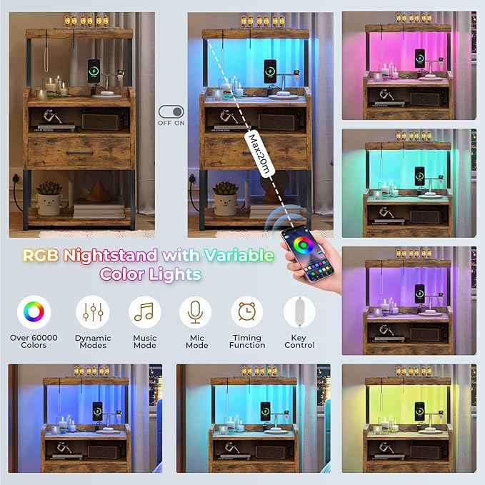 VIAGDO Nightstand with Charging Station and LED Lights, Rustic Brown Night Stand with Drawer, Modern End Side Table with Open Storage Shelves, Bedside Tables for Bedroom, Office