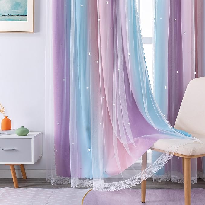 XiDi Curtains for Bedroom Decor, Rainbow Pink Purple/34/90