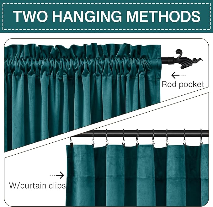 StangH Velvet Blackout Curtains Teal - Extra Long Luxury Velvet Curtains Thermal Insulated Patio Door Panels for Dining Room, Teal, W52 x L108 inches, 2 Panels