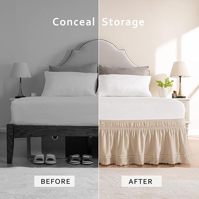 MIYE Wrap Around Ruffled Lace Bed Skirt, Elastic Dust Ruffle with Adjustable Belts, Easy to Put On, Bed Frame Cover, Machine Washable (Embroidered/Beige, King/Queen-12.5" Drop)