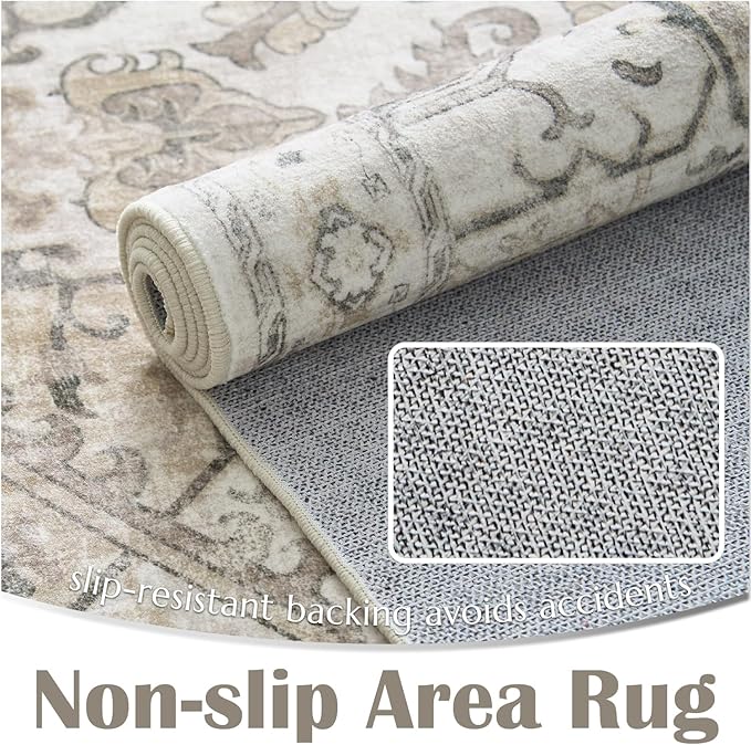 jinchan Hallway Runner Rug 2x8 Machine Washable - Vintage Floral Non-Slip Low-Pile Soft Ultra-Thin Faux Wool Kitchen Rug Distressed Carpet Runner for Farmhouse Bedroom Laundry Room (2x8ft, Taupe)