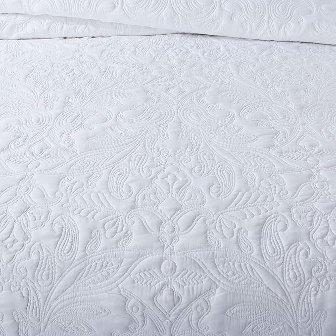 HoneiLife Quilt Set Queen Size - 3 Piece Embroidered Microfiber Bedspread Reversible Coverlet Lightweight Bedcover Paisley Pattern Bedding Set All Season Quilts-White
