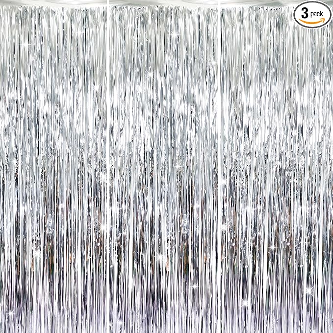 GOER 3.2 ft x 8.2 ft Metallic Tinsel Foil Fringe Curtains Party Photo Backdrop Party Streamers for Birthday,Graduation,New Year Eve Decorations Wedding Decor (Silver,3 pcs)