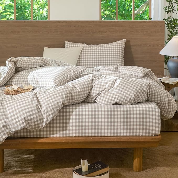 MooMee Gingham Duvet Cover Set 100% Washed Cotton Linen Like Textured Breathable Durable Soft Comfy Modern Checkered Design (Tannish Linen Grey Gingham, Twin 68"x90")