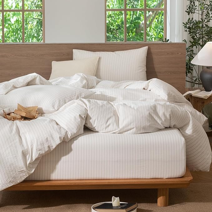 MooMee Striped Duvet Cover Set 100% Washed Cotton Linen Like Textured Breathable Durable Soft Comfy (White Almond Milk Grey Wide Stripes, Full 80"x90")