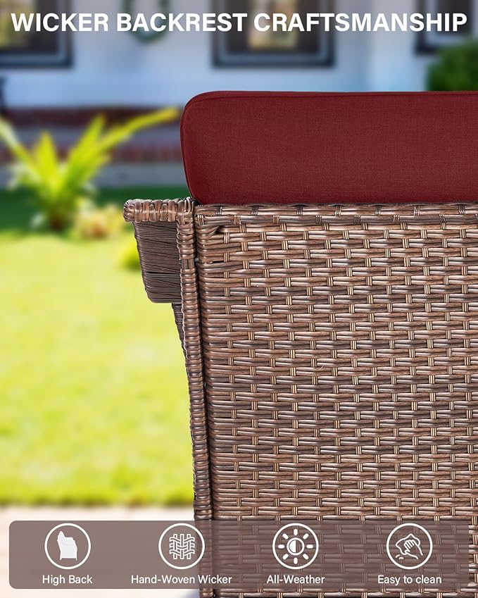Belord 7 Piece Patio Furniture Set - High Back Swivel Rocker Glider Outdoor Chairs with 3-Seat Sofa and Ottoman, All-Weather Removable 6" Red Cushion for Patio Conversation and Family Reunion