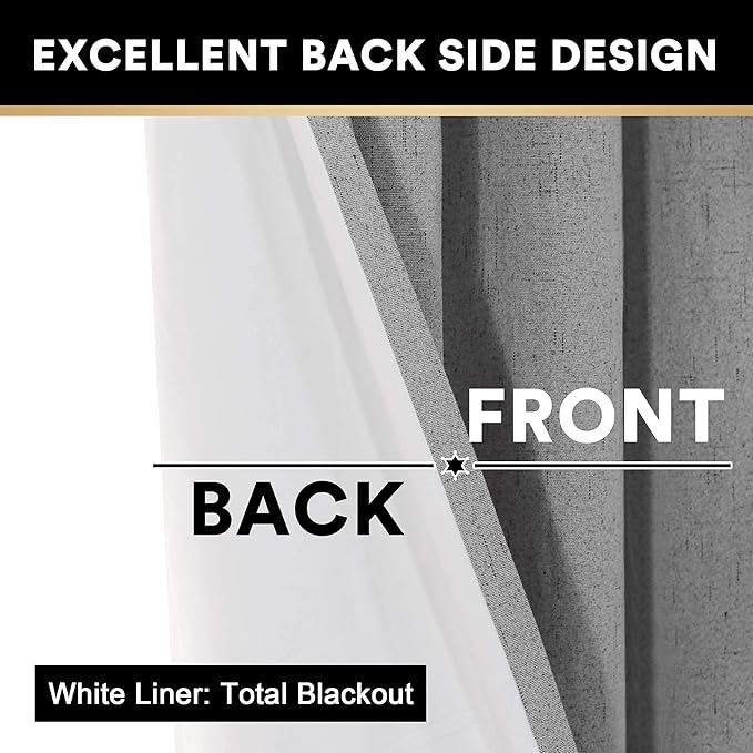 PrinceDeco Blackout Curtains for Bedroom 100% Blackout Thermal Insulated with White Liner Light Grey Curtains Grommet Linen Curtains 84 inches Long,Vertical Drapes Privacy for Bedroom,2 Panels