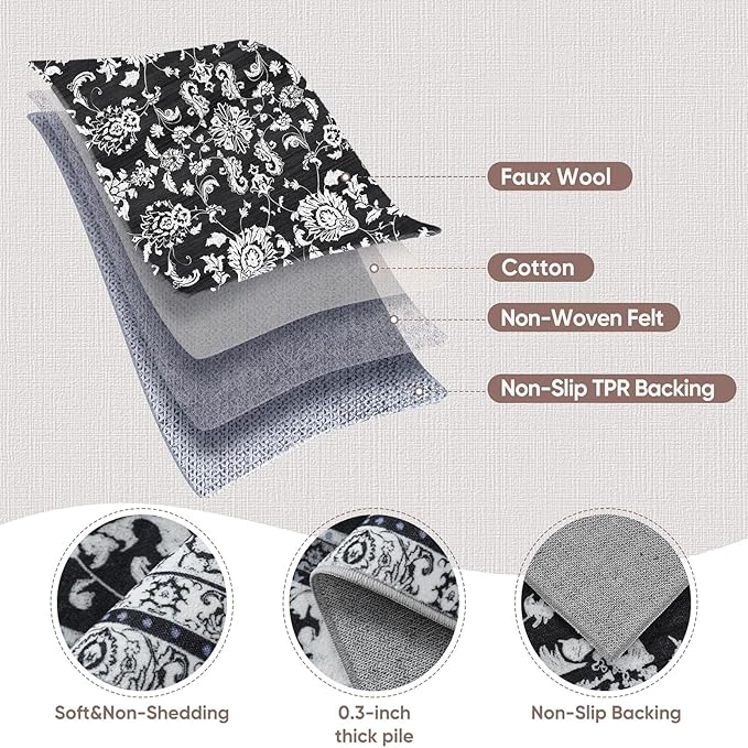 2x3 Washable Area Rug for Entryway：Soft Traditional Printed Area Rug Non-Slip Kitchen Rugs Low-Pile Medallion Indoor Door Mat Small Farmhouse Carpet for Entrance Foyer Bedside Black White 2x3