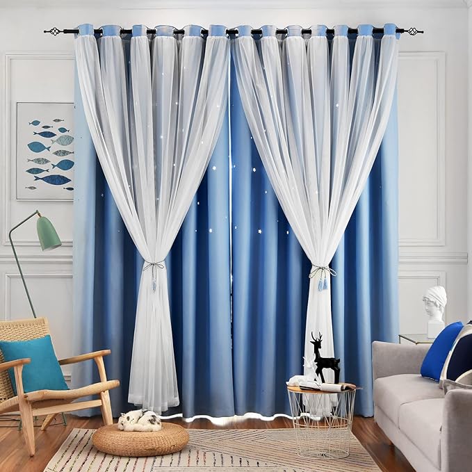 Star Double Layer Blackout Curtains for Bedroom, Kids - Cute, 96 Inches Long, 2 Panels Set, Blue, 42 X 96 Inches