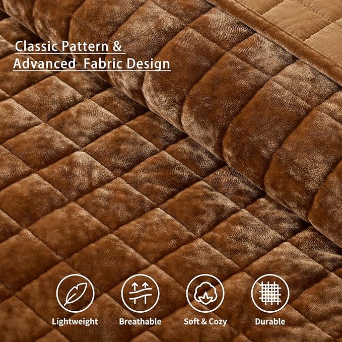 LEAONME Velvet Quilt California King-118''x106'', Lightweight Caramel Velvet Comforter Set with 2 Pillow Shams, Soft Oversized Bedspread Coverlet Quilted Bedding Set for All Season