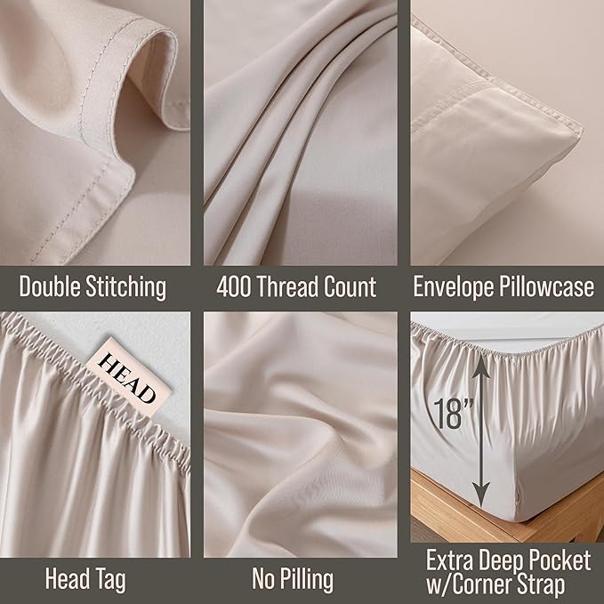 Bella Coterie 6 Piece Luxury Bamboo Viscose Split Top King Size Sheet Set | 34" Split for Adjustable Beds | 100% Organically Grown| Cooling | 18” Deep Pocket | 4 Pillowcases [Dune]