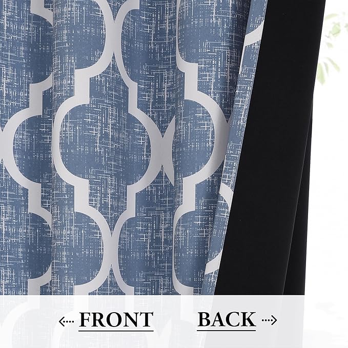 Beauoop 100% Blackout Curtains 54 Inches Long 2 Panels for Bedroom Living Room Blue Moroccan Geo Room Darkening Thermal Insulated Soundproof Grommet Top Window Treatments Drapes, 50x54 Set of 2
