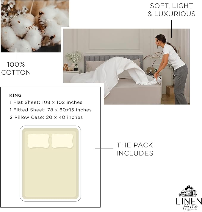 Linen Home 100% Cotton Percale Sheets King Size, Cream, Deep Pocket, 4 Pieces Set - 1 Flat, 1 Deep Pocket Fitted Sheet and 2 Pillowcases, Crisp Cool and Strong Bed Linen
