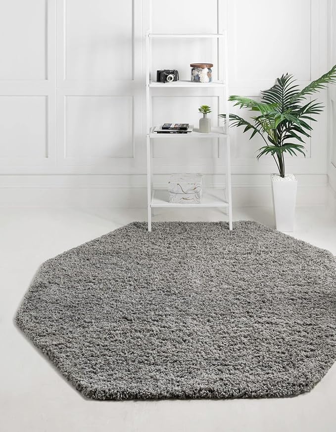 Unique Loom Solid Shag Collection Area Rug (6' 1" Octagon, Cloud Gray)