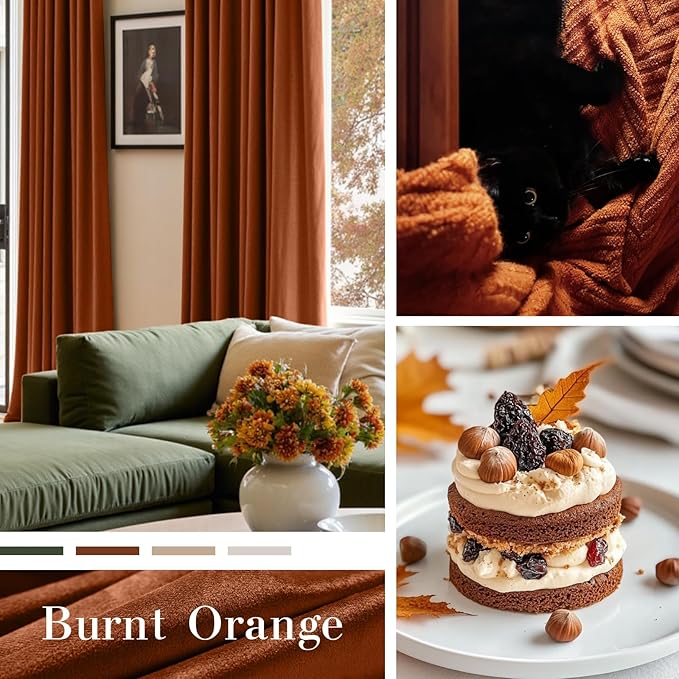 Lazzzy Velvet Blackout Curtains Thermal Insulated Room Window Drapes Super Soft Luxury Curtains for Living Room Bedroom Rod Pocket 2 Panels, Burnt Orange, 52" W x 120" L