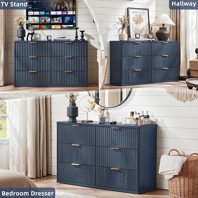LEYAOYAO Fluted Dresser and 3 Drawers Nightstand Set of 2, Wood 48" Wide Dresser & 23" Night Stand with Charging Station, 3 Piece Bedroom Furniture Set, Chest of Drawers for Home,Living Room,Nave Blue