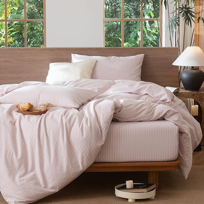 MooMee Striped Duvet Cover Set 100% Washed Cotton Linen Like Textured Breathable Durable Soft Comfy (Heathered Greyish Pink White Wide Stripes, Full 80"x90")