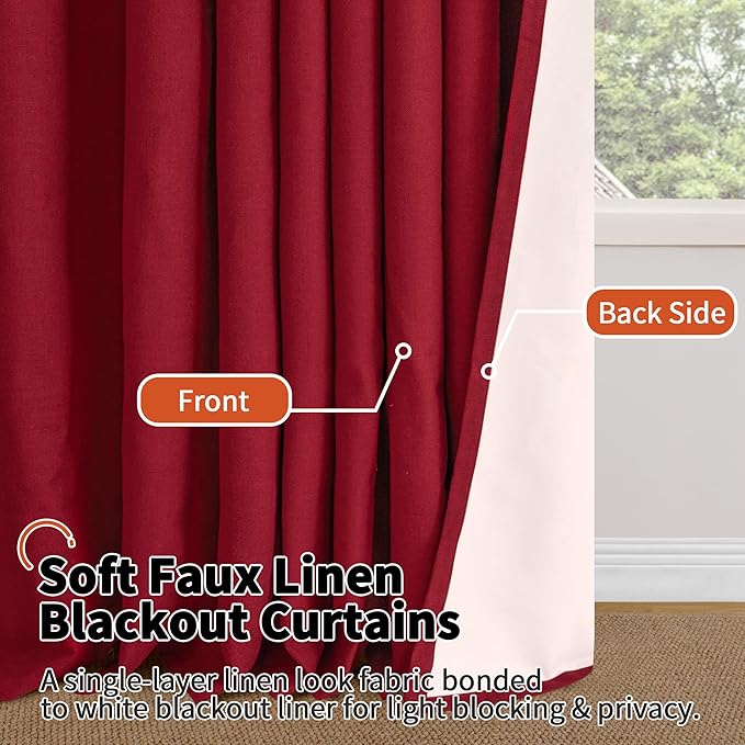 Short Linen Blackout Curtains for Winter Christmas Decor 45 Inch Long, Red Thermal Insulated Short Total Light Blocking Curtains for Small Window Living Room Bedroom, Each 52x45 Inch 2 Panels