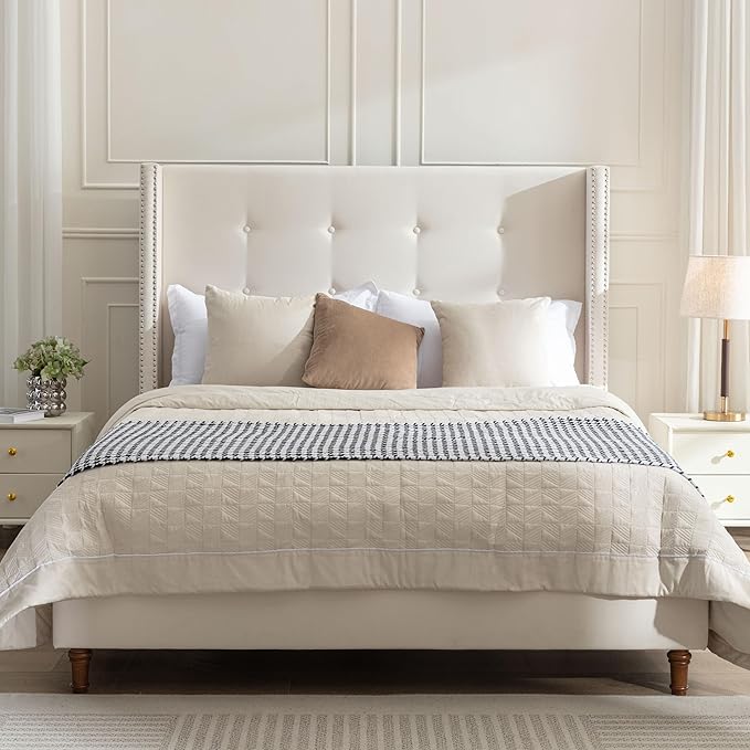 Queen Size Upholstered Bed Frame, 54" Tall Headboard Platform Bedframes with Nail Head Decorative Wingback, Hand Buttoned Tufting Headboard Beds/No Box Spring Needed/Minimalism, Ivory Velvet