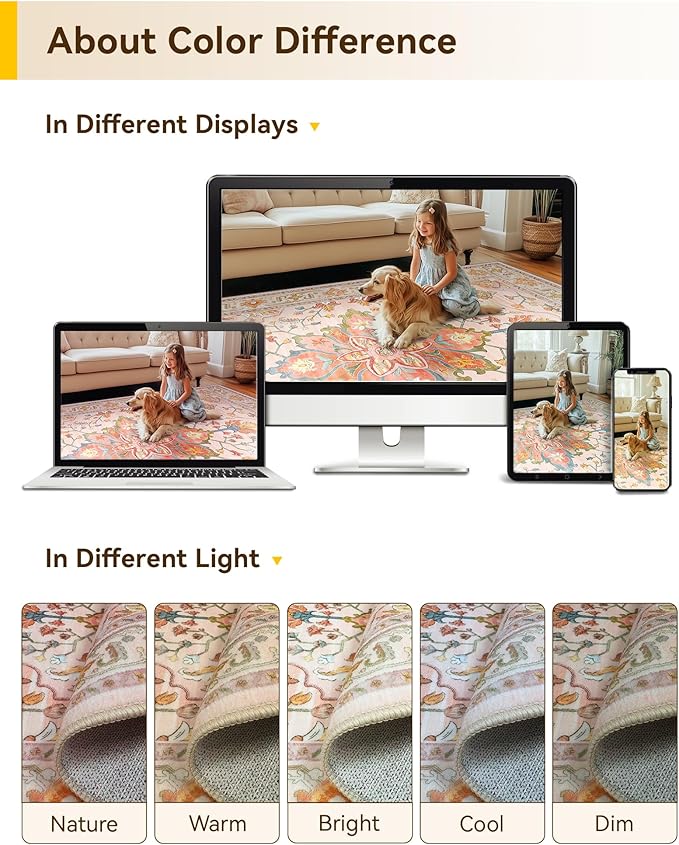 Area Rugs 4ft Washable Non-Slip, Floral Vintage Distress Print Pattern Medallion Carpet for Living Room Bedroom Dining Room, Light Pink Colorful