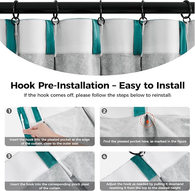 Pinch Pleated 100% Blackout Curtains for Bedroom, Teal Velvet Curtains for Living Room, Black Out Curtain 96 inch Long Room Darkening, Blackout Pinch Pleat Drapes with Hooks 2 Panels