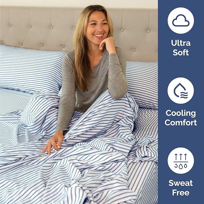 Twin 4 Piece Sheet Set - Cooling, Comfy & Breathable - Hotel Luxury Bedding, Includes Fitted Sheet for Women, Men, Kids & Teens - 1 Flat, 1 Fitted Sheet, 2 Pillowcases w/Deep Pockets - Blue Stripes