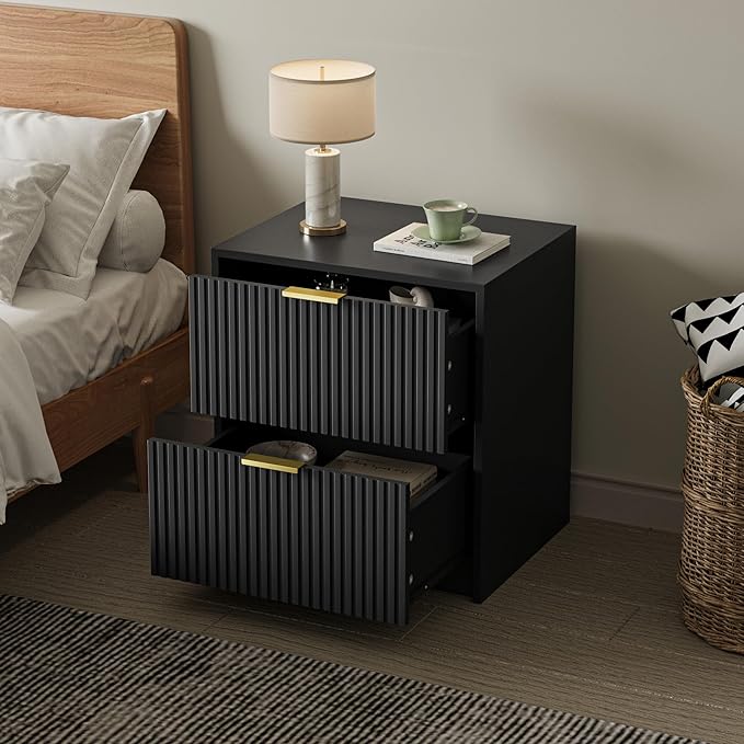 3-Piece Dresser Bedroom Set, 8 Drawer Dresser & 2 Drawer Nightstands with Gold Handles, Fluted Wood Chest of Drawers for Bedroom, Living Room, Entryway, Black