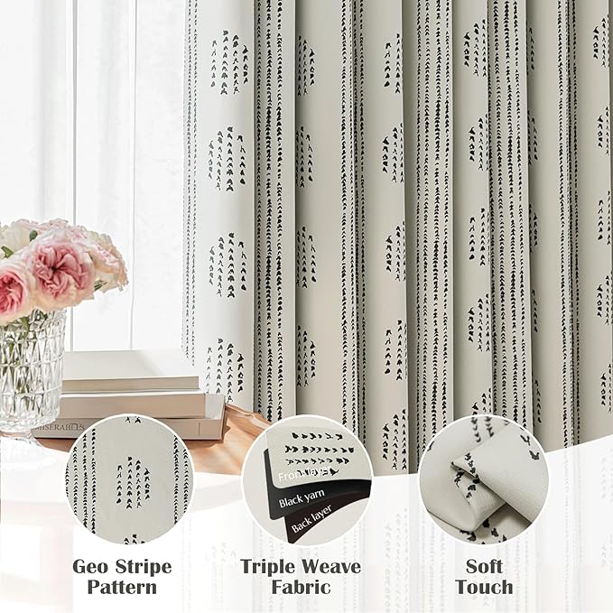 100% Boho Blackout Curtains 90 Inches Long for Bedroom, Black on Beige Patterned Bohemian Curtains for Living Room, Geometric Striped Thermal Insulated Window Drapes Gromment Top 2 Panels
