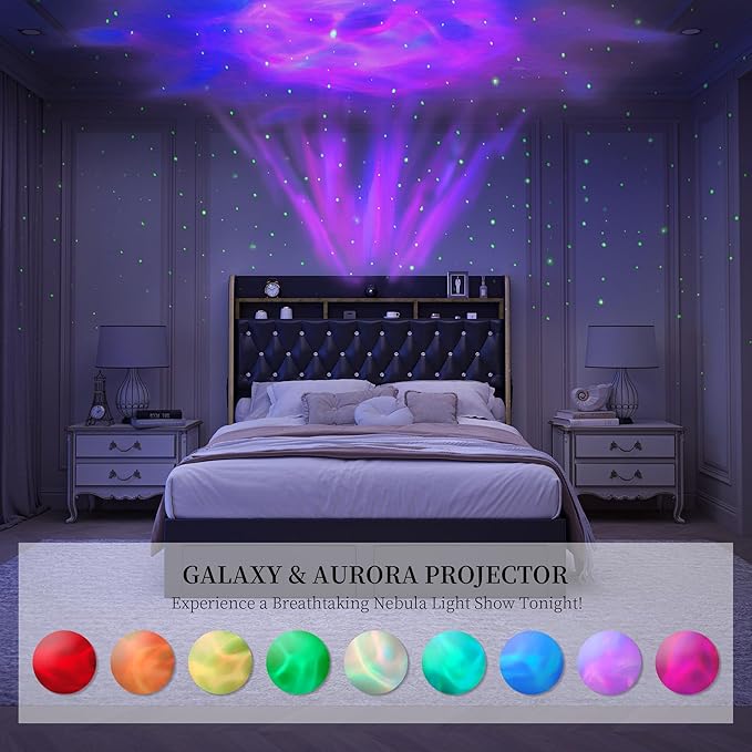 Queen LED Bed Frame with 2 Storage Drawers, PU Upholstered Platform Beds with Galaxy Star Projector Charging Station Speaker, Aurora Bedframe with 2-Tier Storage Headboard, Noise-Free, Black
