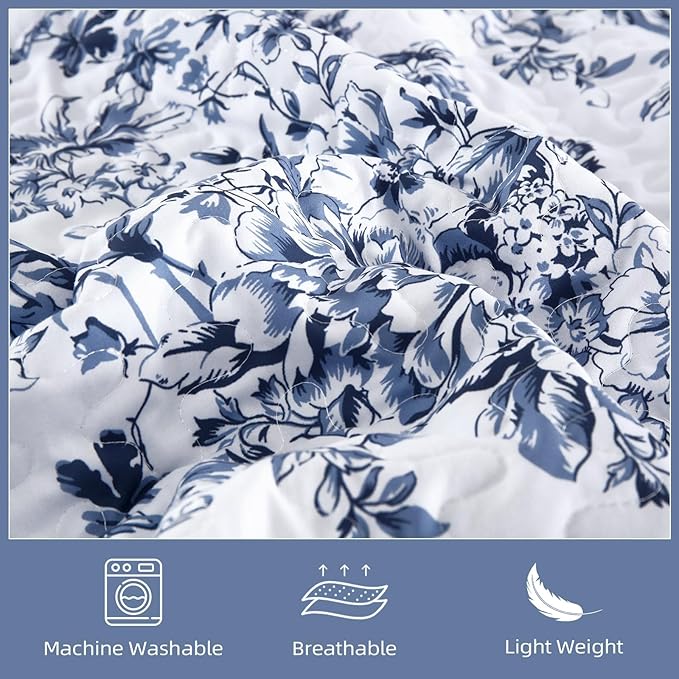 WONGS BEDDING Quilt Full Size, Blue Quilt Bedding Set with 2 Pillowcases, Botanical Quilt for Full Bed, Soft Microfiber Lightweight Coverlet Bedspread for All Season (78"×90", 3 Pieces)